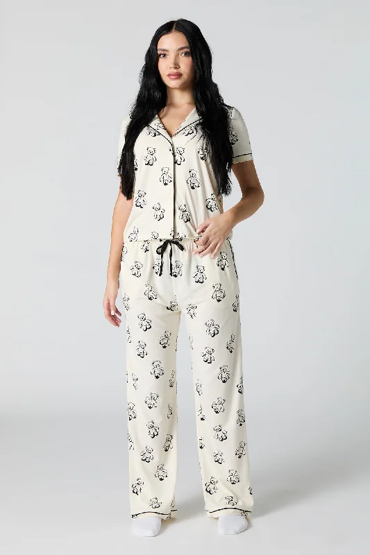 Collared Button-Up Top & Pant 2 Piece Pajama Set Stylish Paperbag Waist Pants