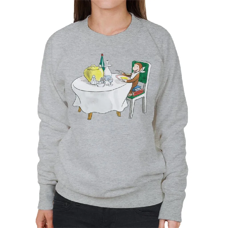 Curious George Eating A Fancy Meal Women's Sweatshirt Hoodie with Hem Applique Textured Unique Curious George Eating A Fancy Meal Women's Sweatshirt Hoodie with Hem Applique Textured Unique