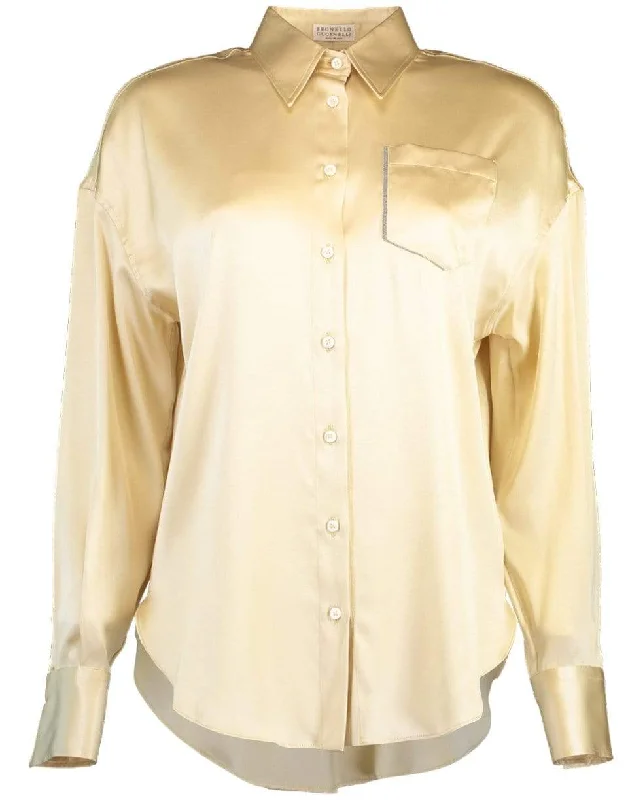 Shadow Pocket Silk Blouse Satin Drape Blouse