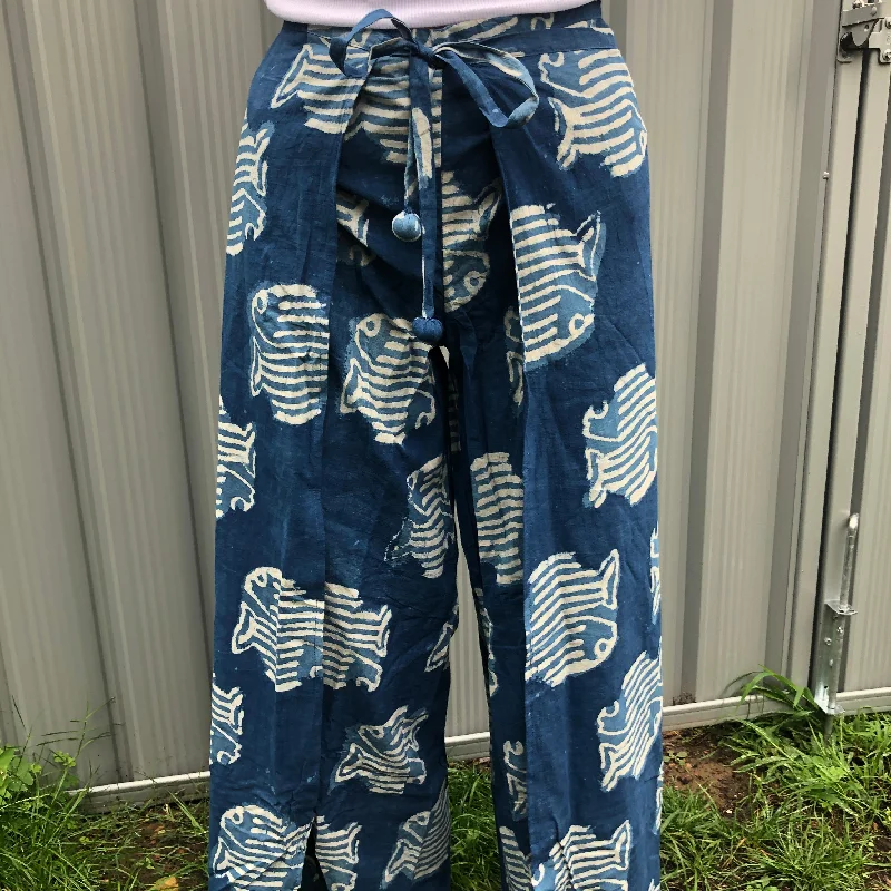 Fair Trade Ethical Cotton Mud Resistant Print Wrap Pants Fish Design Relaxed Fit Trousers
