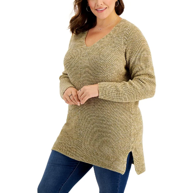 Plus Womens Knitted V Neck Pullover Sweater Elegant Classic Vintage