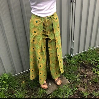 Fair Trade Ethical Cotton Print Wrap Pants in Yellow and Green Cozy Knit Pants