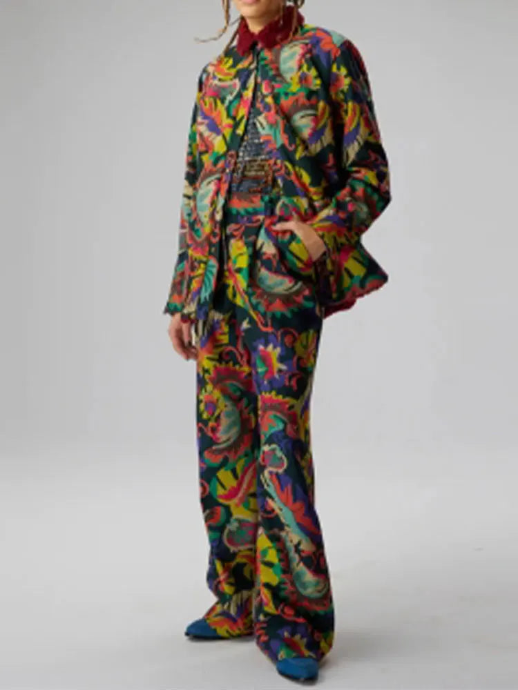 Vintage Elegant Printing Blouse 2 Piece Set Casual Long Sleeve Shirt Tops Wide Leg Pants Outfits Spring Feminine Satin Blouse