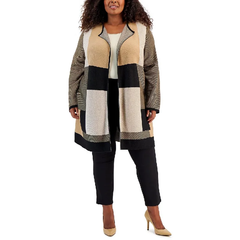 Plus Womens Striped Midi Cardigan Sweater Solid Print Embellished