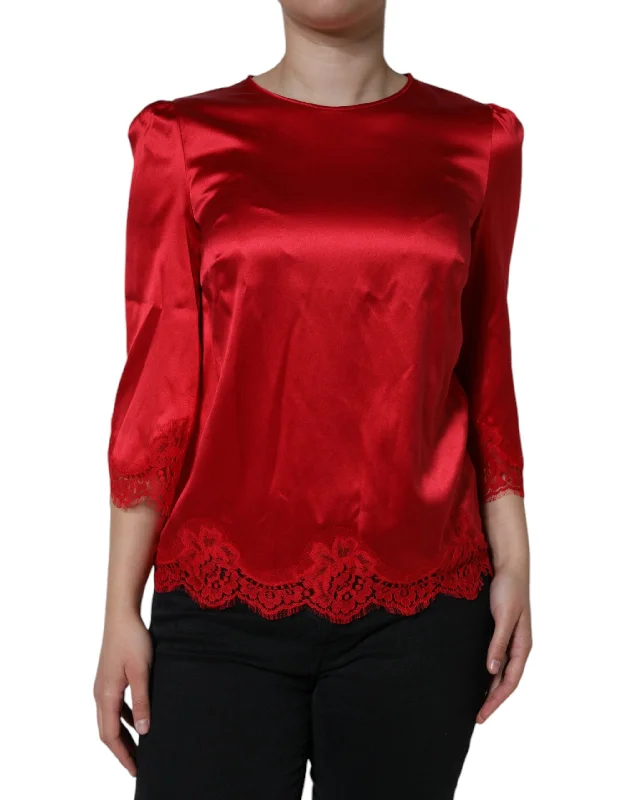 Red Satin Lace Trim Round Neck Blouse Top Modern Work Blouse