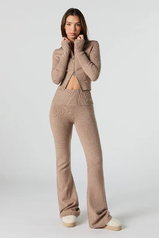 Foldover Waist Flare Knit Pant Formal Wide-Leg Pants