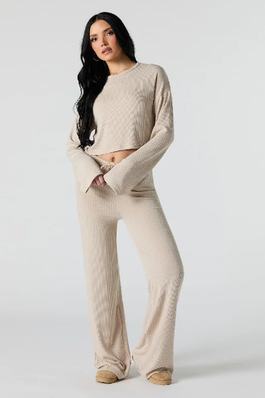 Ribbed Knit Wide Leg Drawstring Pant Casual Drawstring Pants
