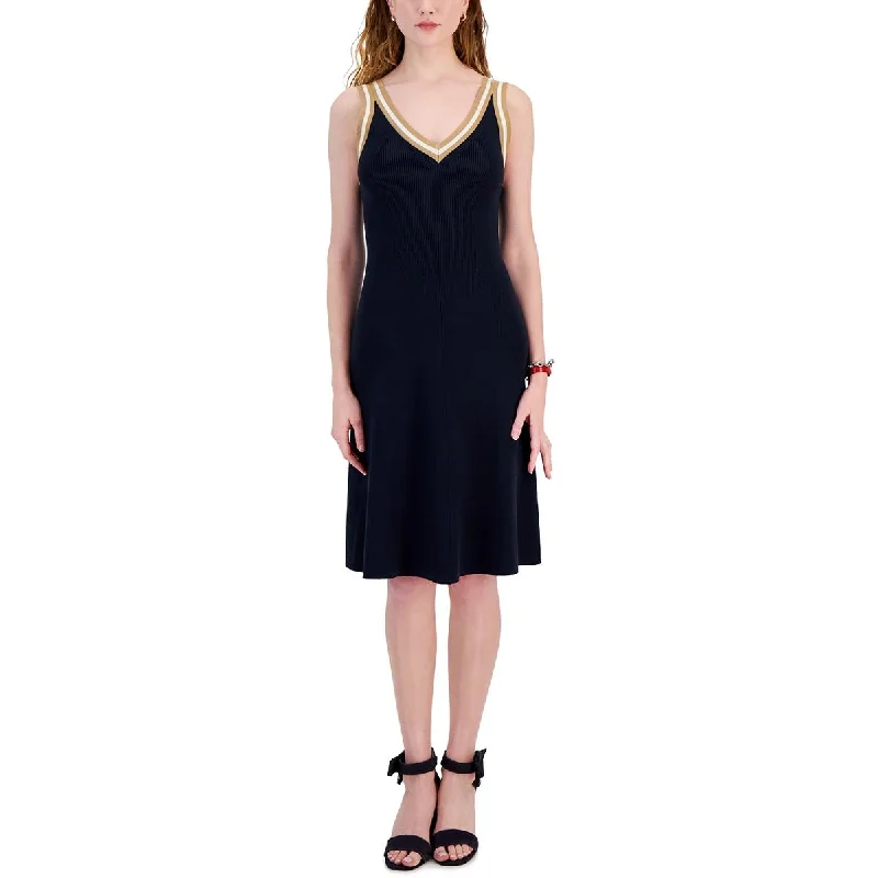 Womens Ribbed Trim Summer Sweaterdress Front Pockets Side Pockets Patch Pockets