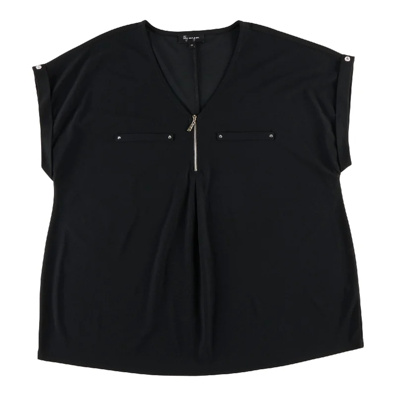 lily morgan Women's Plus V-Neck Zip Cuffed Blouse Sleeveless Chiffon Blouse
