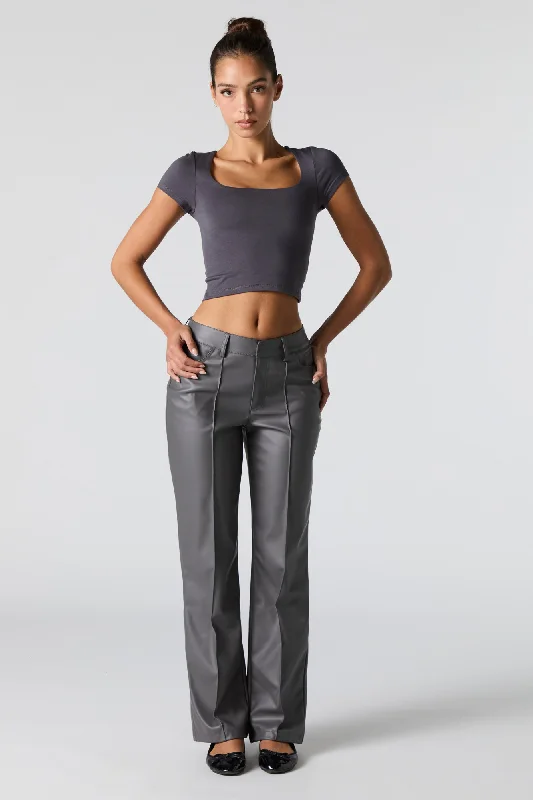 Faux Leather Exposed Seam Straight Leg Pant Casual Plaid Pants