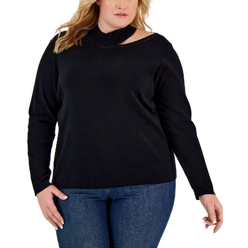 Plus Womens Sequined Mock Neck Pullover Sweater Cashmere Blend Cotton Blend Poly Blend