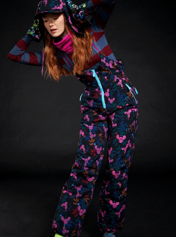 ROWLEY X ROXY Insulated Technical Snow Bib Pants - True Black Darkreds Floral Chic Slim Fit Pants