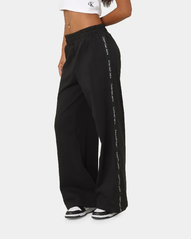 Calvin Klein Women's Logo Tape Wide Leg Pants CK Black Stylish Slim Trousers