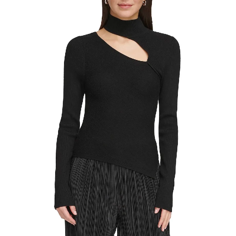 Womens Cutout Mock-Neck Pullover Sweater Zippered Front Buttoned Front Snap Front