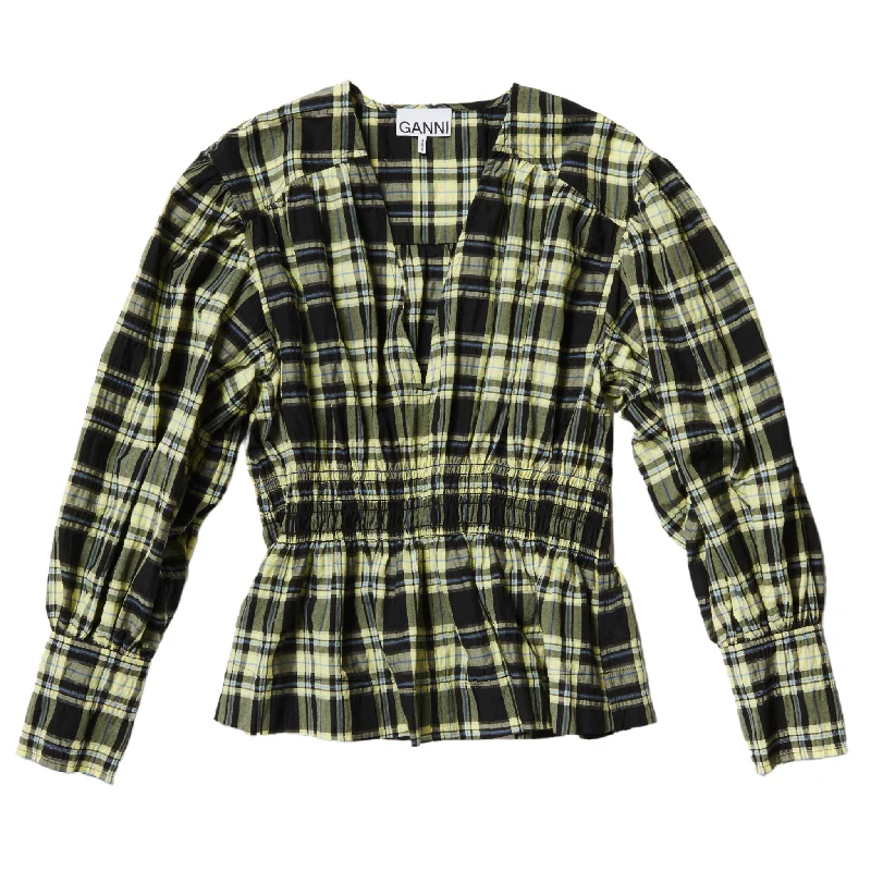 Seersucker Check Gathered Blouse Ruched Sleeve Blouse