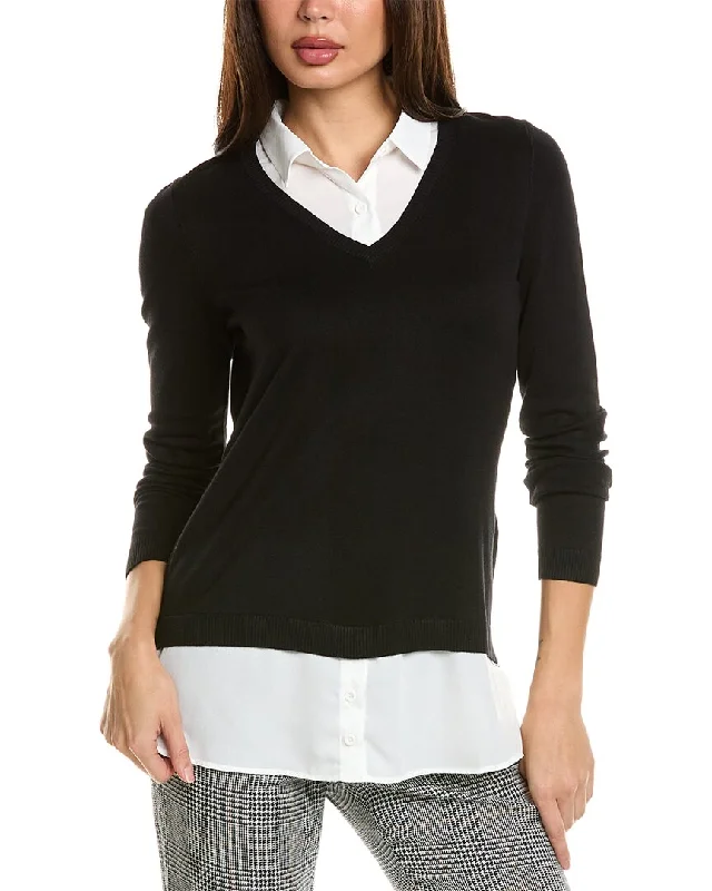 Adrianna Papell Two-Fer V-Neck Sweater Chenille Fabric Brocade Fabric Lace Fabric