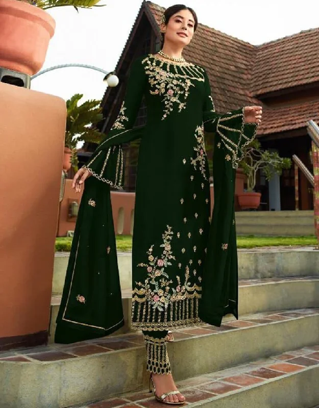 Bottle Green Heavy Faux Georgette Straight Pant Formal Dress Pants