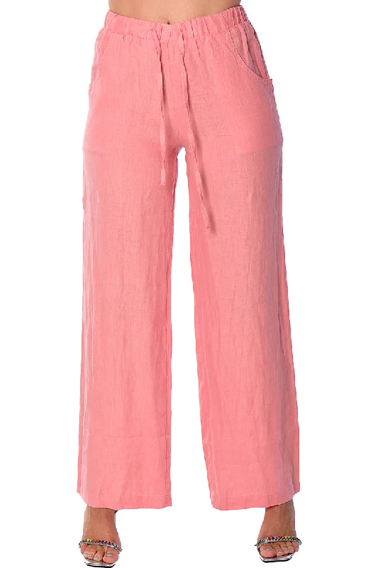 Azucar 100% Linen Draw String Pants w/Pockets for Women in (6) Colors -LLP1313 Trendy Wide-Legged Trousers