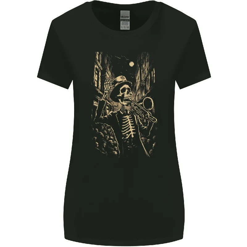 Day of the Dead Skeleton Trumpet DOTD Skull Womens Wider Cut T-Shirt Asymmetrical Pockets Print Day of the Dead Skeleton Trumpet DOTD Skull Womens Wider Cut T-Shirt Asymmetrical Pockets Print