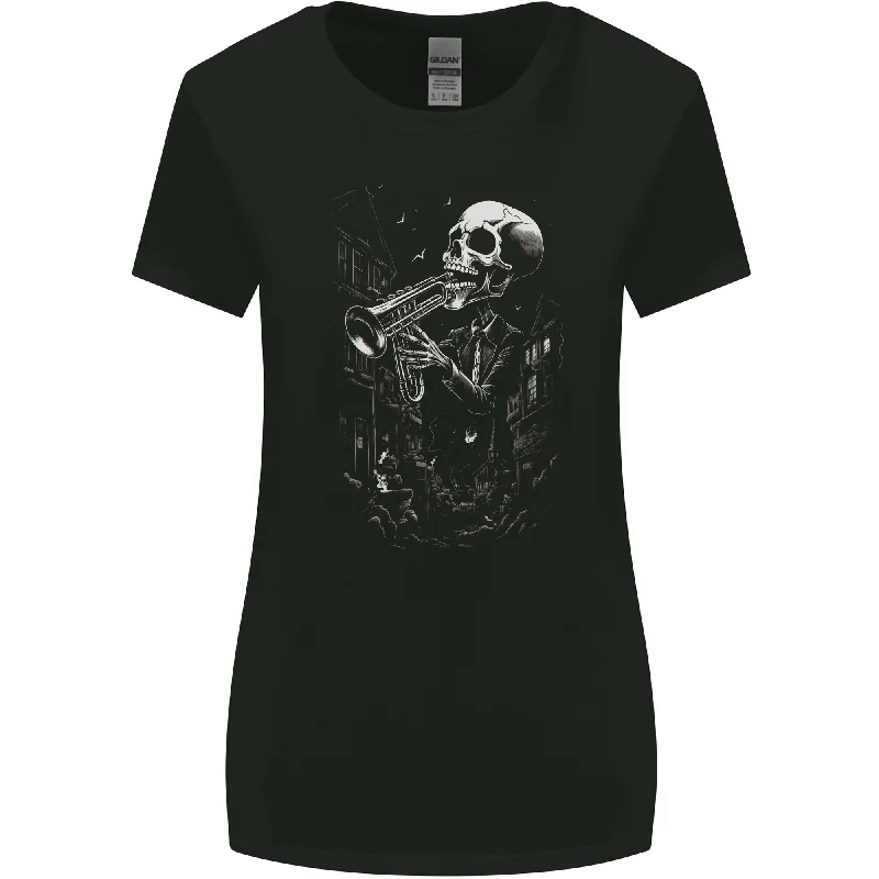 Day of the Dead Skeleton Trumpet Skull DOTD Womens Wider Cut T-Shirt Boxy Fit Fitted Loose Day of the Dead Skeleton Trumpet Skull DOTD Womens Wider Cut T-Shirt Boxy Fit Fitted Loose