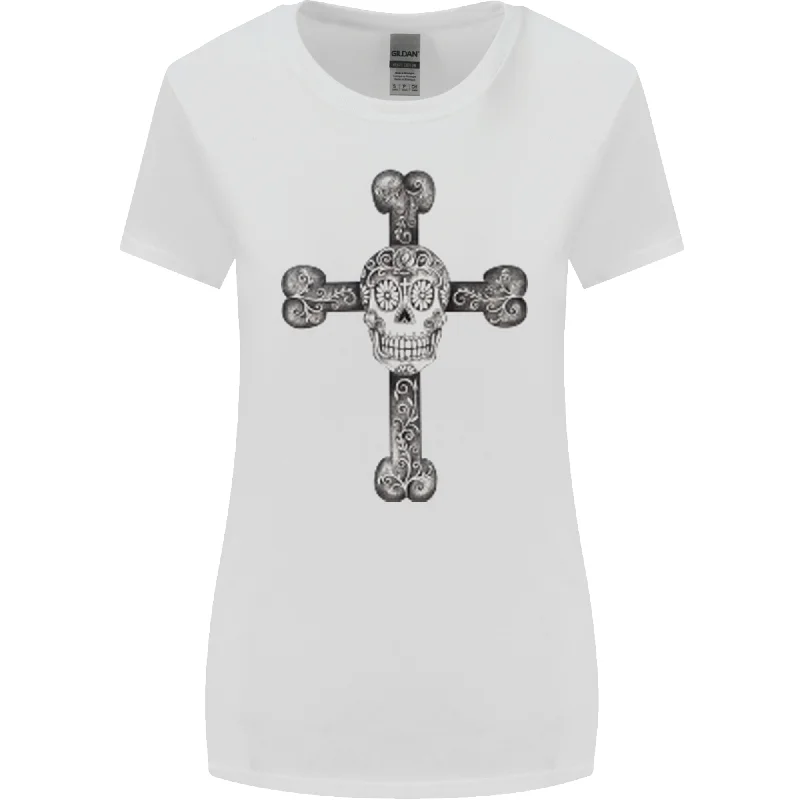 Day of the Dead Sugar Skull Cross Womens Wider Cut T-Shirt Rayon Velvet Corduroy