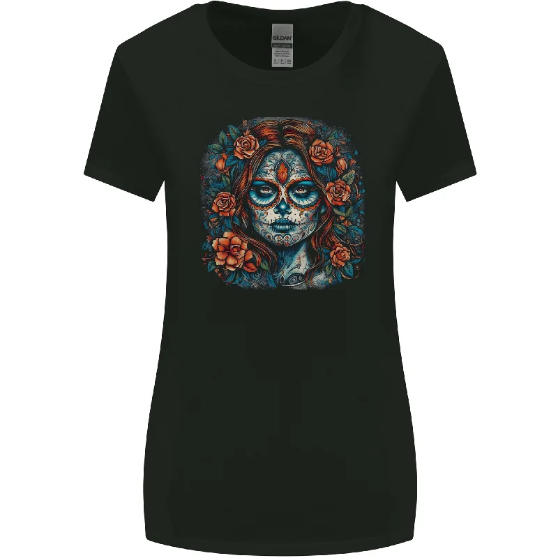 Day of the Dead Sugar Skull Girl Santa Muerte Womens Wider Cut T-Shirt Graphic Embroidered Appliqued Day of the Dead Sugar Skull Girl Santa Muerte Womens Wider Cut T-Shirt Graphic Embroidered Appliqued