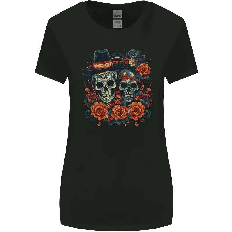 Day of the Dead Sugar Skull Love Couple Womens Wider Cut T-Shirt Silk Blend Satin Velvet Day of the Dead Sugar Skull Love Couple Womens Wider Cut T-Shirt Silk Blend Satin Velvet