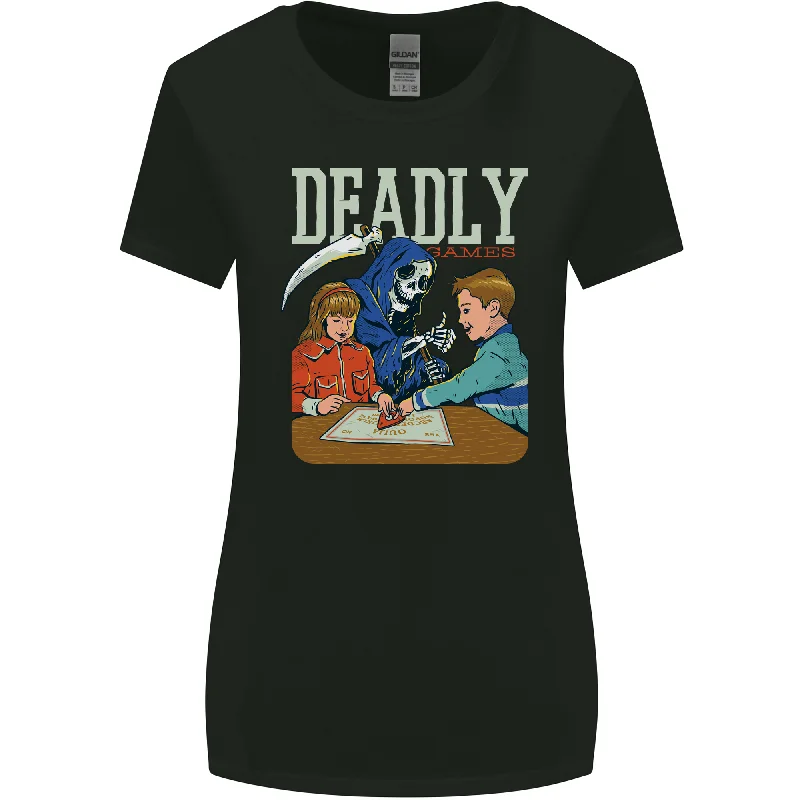 Deadly Games For Kids Grim Reaper Ouija Board Womens Wider Cut T-Shirt Hooded Caped Shawl Collar Deadly Games For Kids Grim Reaper Ouija Board Womens Wider Cut T-Shirt Hooded Caped Shawl Collar