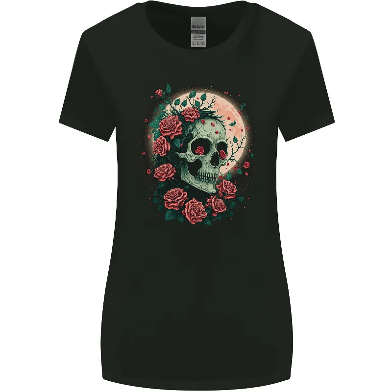 Death at Moon Skull With Roses at Night Gothic Womens Wider Cut T-Shirt Chenille Blend Fleece Blend Nylon Blend Death at Moon Skull With Roses at Night Gothic Womens Wider Cut T-Shirt Chenille Blend Fleece Blend Nylon Blend