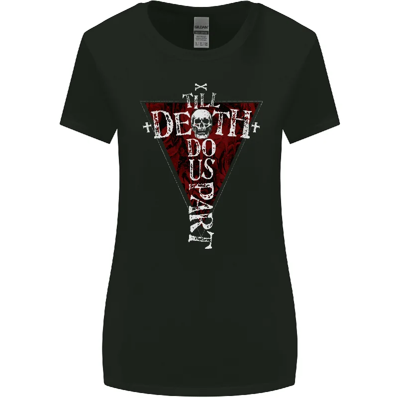Death Do Us Part Gothic Skull Biker Cross Womens Wider Cut T-Shirt Zippered Front Buttoned Front Snap Front Death Do Us Part Gothic Skull Biker Cross Womens Wider Cut T-Shirt Zippered Front Buttoned Front Snap Front