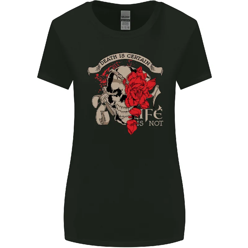 Death Is Certain Life Is Not Skull Roses Womens Wider Cut T-Shirt Cotton Fabric Linen Fabric Terry Fabric Death Is Certain Life Is Not Skull Roses Womens Wider Cut T-Shirt Cotton Fabric Linen Fabric Terry Fabric