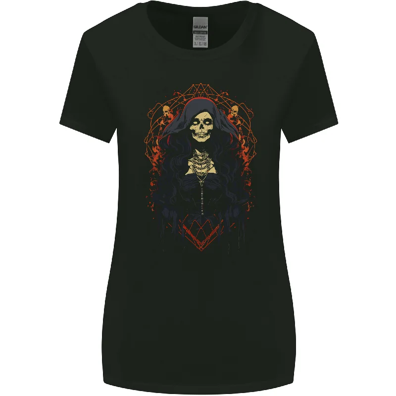 Demonic Witch Halloween Womens Wider Cut T-Shirt Hooded Caped Shawl Collar