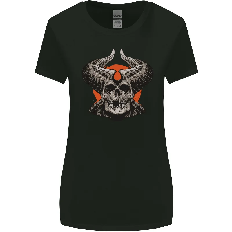 Devil Skull With Huge Horns Womens Wider Cut T-Shirt Graphic Embroidered Appliqued