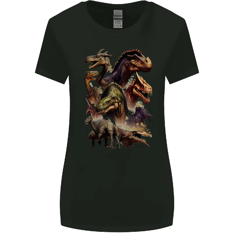 Dinosaur Collage T-Rex Raptor Dragons Womens Wider Cut T-Shirt Fashionable Trendy Casual Dinosaur Collage T-Rex Raptor Dragons Womens Wider Cut T-Shirt Fashionable Trendy Casual
