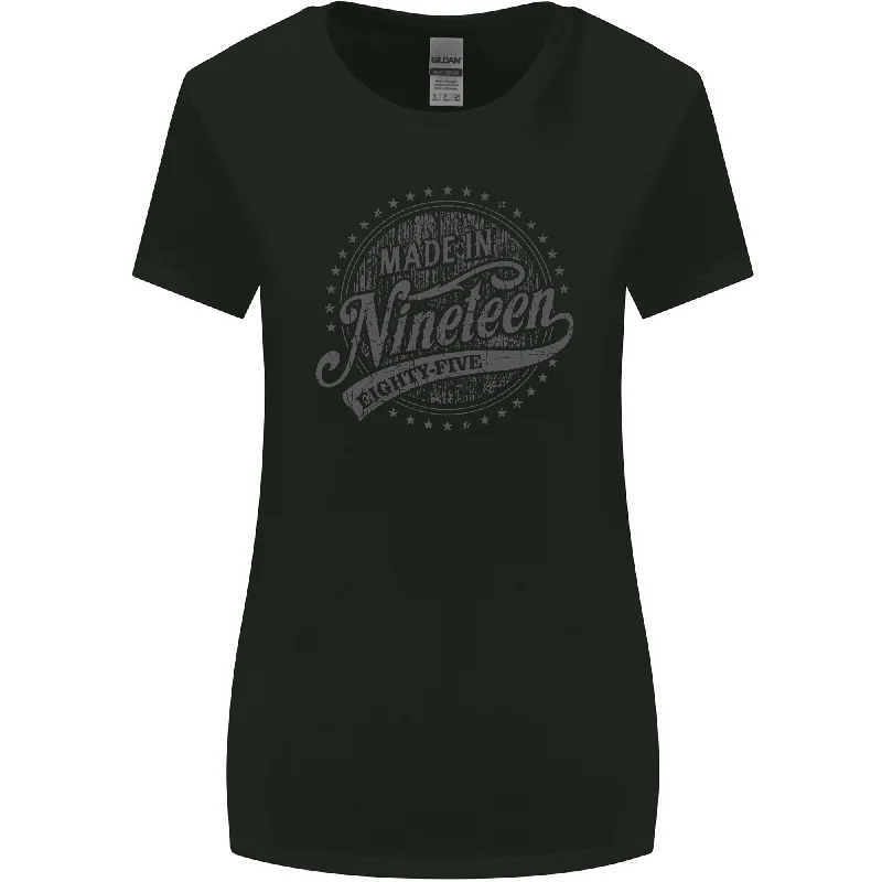Distressed 38th Birthday Made In 1985 Womens Wider Cut T-Shirt Black Notch Collar Peter Pan Collar Cowl Neck Distressed 38th Birthday Made In 1985 Womens Wider Cut T-Shirt Black Notch Collar Peter Pan Collar Cowl Neck
