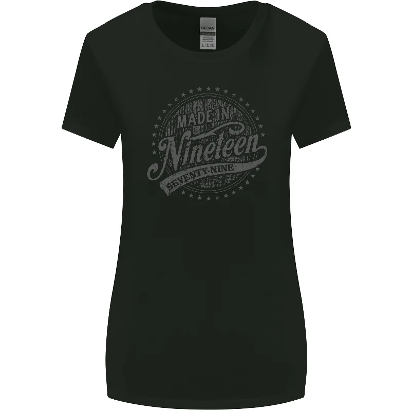 Distressed 44th Birthday Made In 1979 Womens Wider Cut T-Shirt Black Chenille Fabric Brocade Fabric Lace Fabric Distressed 44th Birthday Made In 1979 Womens Wider Cut T-Shirt Black Chenille Fabric Brocade Fabric Lace Fabric