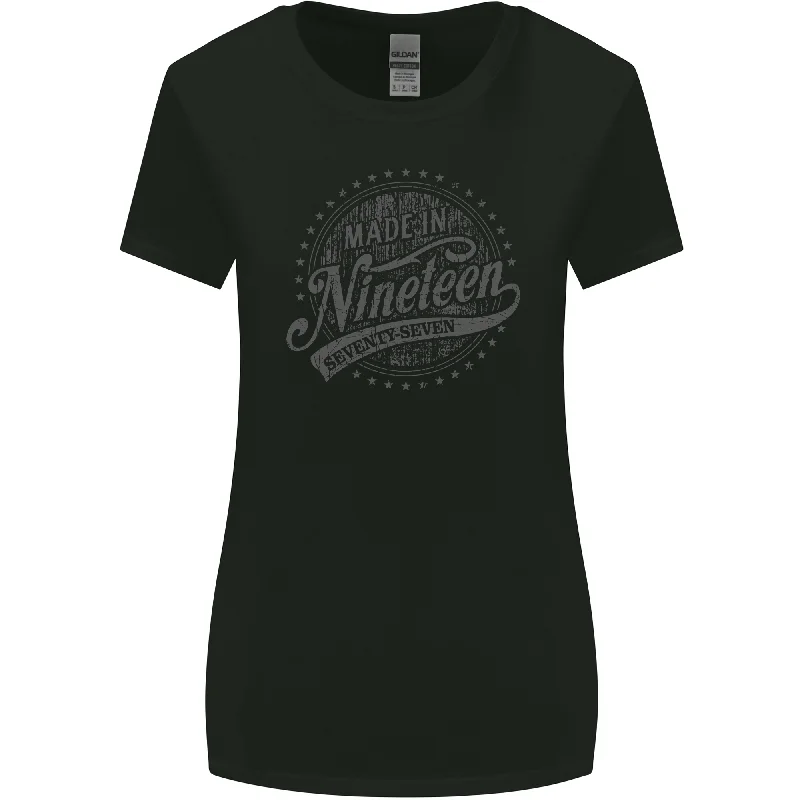 Distressed 46th Birthday Made In 1977 Womens Wider Cut T-Shirt Black Collared Crew Neck Turtle Neck Distressed 46th Birthday Made In 1977 Womens Wider Cut T-Shirt Black Collared Crew Neck Turtle Neck