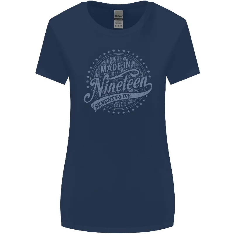 Distressed 48th Birthday Made In 1975 Womens Wider Cut T-Shirt Navy Blue Beaded Sequined Faux Fur Distressed 48th Birthday Made In 1975 Womens Wider Cut T-Shirt Navy Blue Beaded Sequined Faux Fur