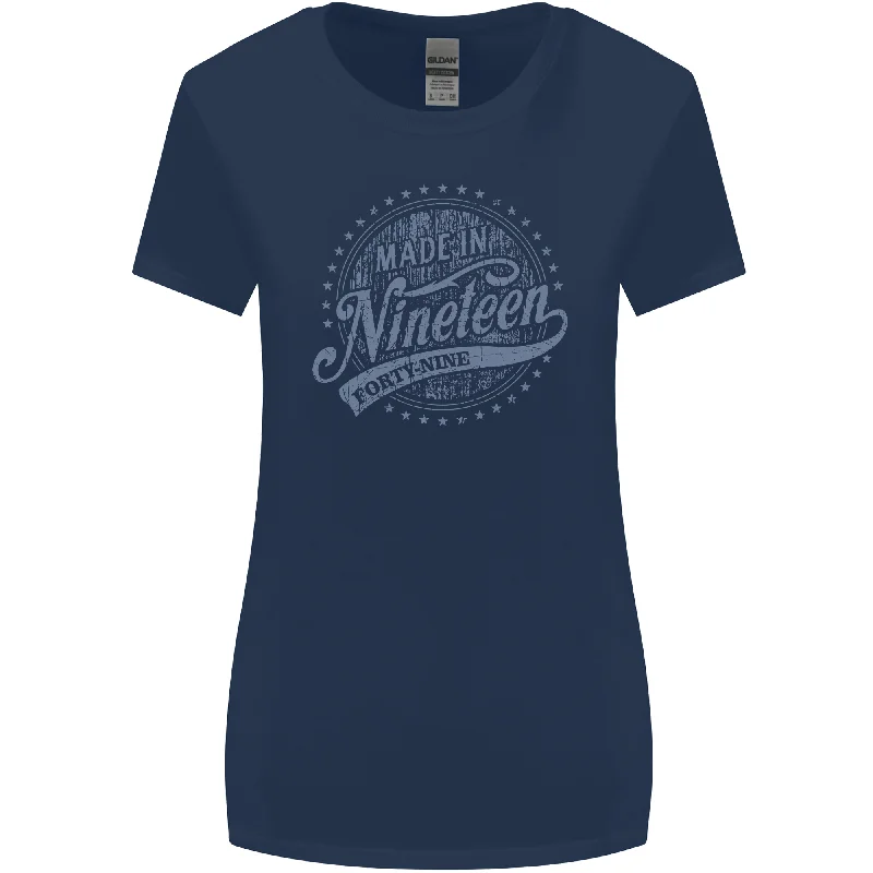 Distressed 74th Birthday Made In 1949 Womens Wider Cut T-Shirt Navy Blue Zippered Buttoned Snapped Distressed 74th Birthday Made In 1949 Womens Wider Cut T-Shirt Navy Blue Zippered Buttoned Snapped
