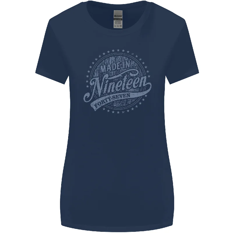 Distressed 76th Birthday Made In 1947 Womens Wider Cut T-Shirt Navy Blue Cozy Warm Stylish Distressed 76th Birthday Made In 1947 Womens Wider Cut T-Shirt Navy Blue Cozy Warm Stylish
