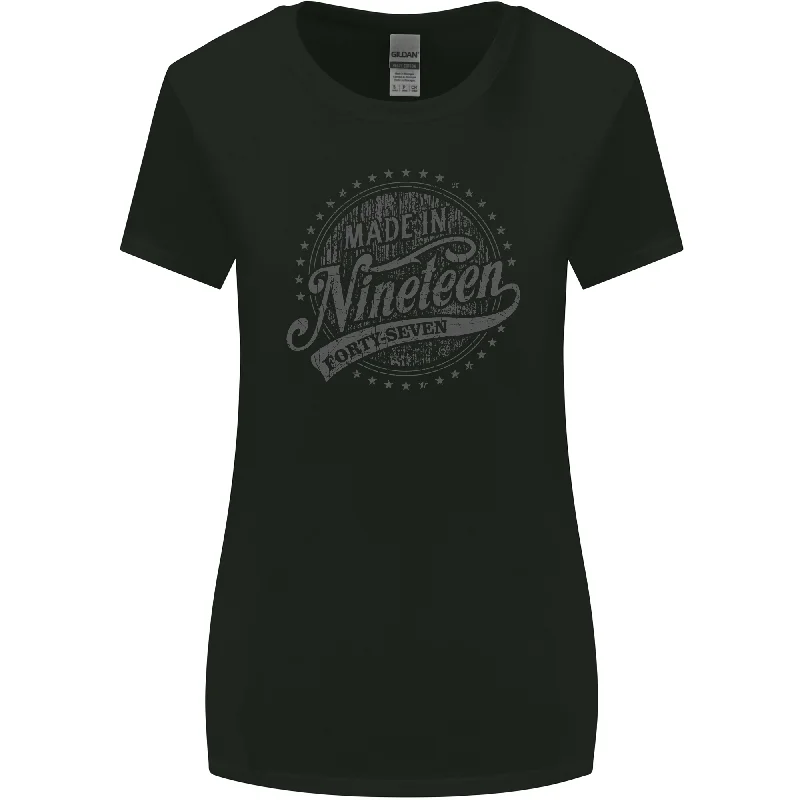 Distressed 76th Birthday Made In 1947 Womens Wider Cut T-Shirt Black Machine Wash Dry Clean Hand Wash Distressed 76th Birthday Made In 1947 Womens Wider Cut T-Shirt Black Machine Wash Dry Clean Hand Wash