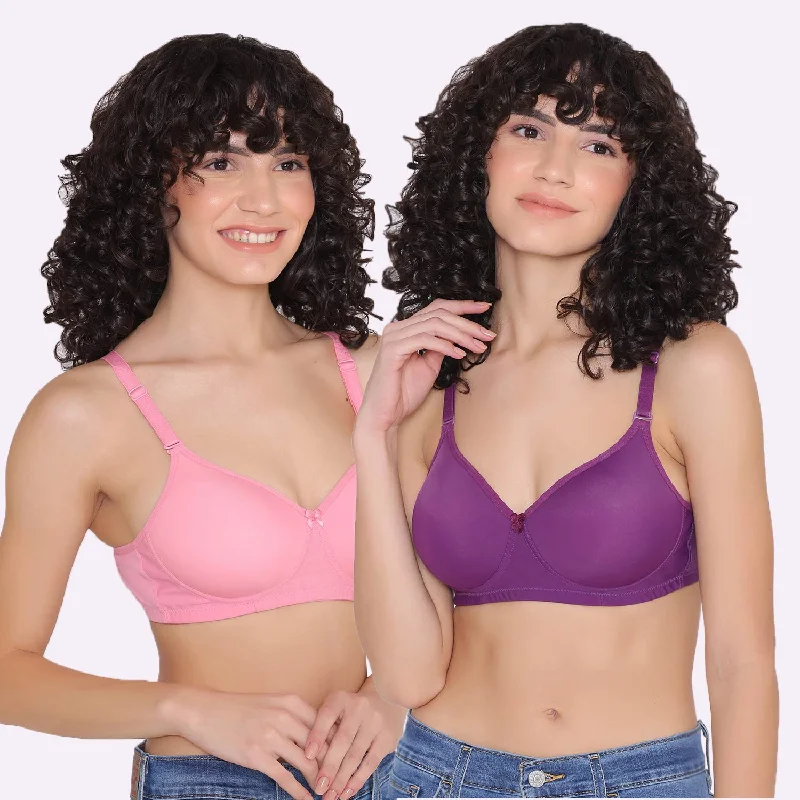 Women's Padded and Non Wired Full Coverage T-Shirt Bra (Pack of 2)-LILY V-Neck T-Shirt Long Sleeve Cotton Women's Padded and Non Wired Full Coverage T-Shirt Bra (Pack of 2)-LILY V-Neck T-Shirt Long Sleeve Cotton
