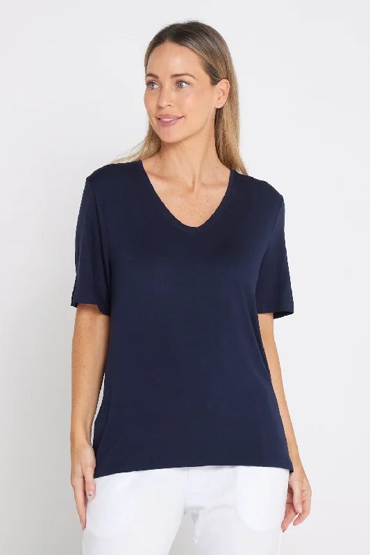 Lexi V Neck Tee - Navy Rayon Velvet Corduroy