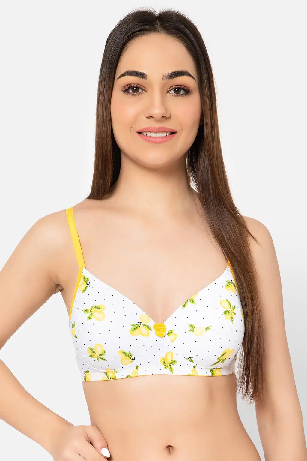 Padded Non-Wired Full Cup Lemon Print T-shirt Bra in White Fleece Nylon Spandex