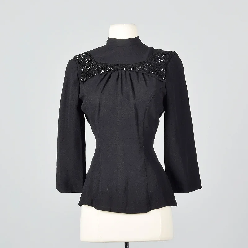 1940s Black Fitted Blouse with Sequin Trim Sleeveless Chiffon Blouse
