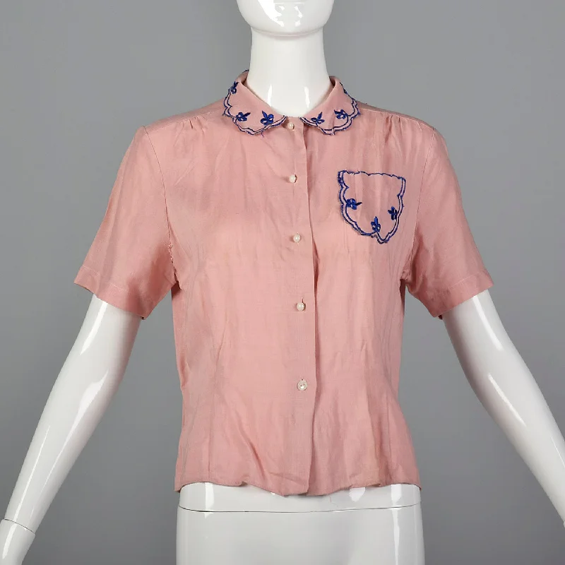 1940s Pink Rayon Blouse with Blue Embroidery Gathered Detail Blouse
