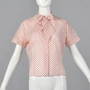1960s White Blouse with Red Polka Dots Satin Bow Blouse