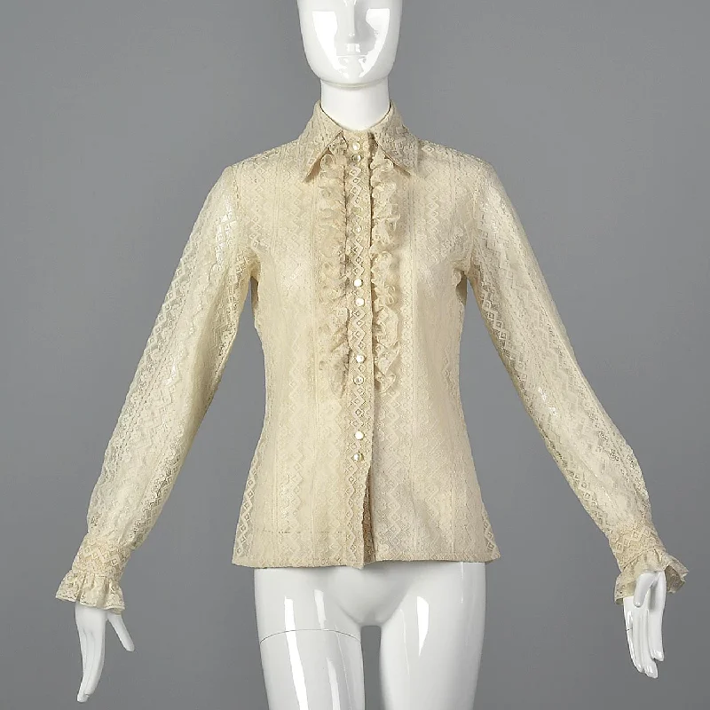 1970s Lace Blouse with Tuxedo Ruffle Front Everyday Stylish Blouse