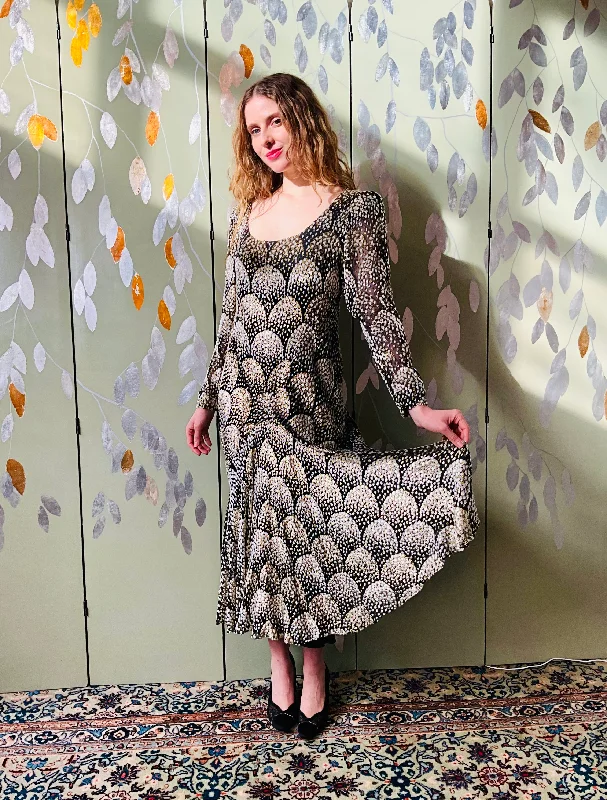 Vintage 1980s Stavropoulos Eyelash Metallic Dot Print Dress With Fishtail
