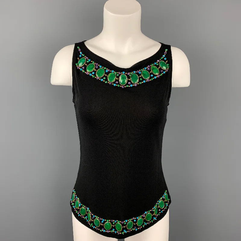 ANNA SUI Size 6 Black Beaded Rayon Tank Dress Top